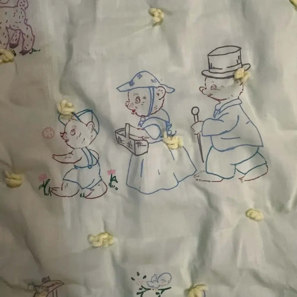 Vintage Green Baby Crib Quilt‎ 52x39 Hand Tied Animal Nursery Blanket Cats Ducks